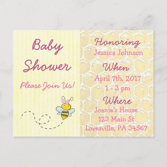 Carte Postale Invitation Baby shower de bourdon jaune et rose (Devant)