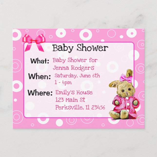 Carte Postale Invitation Baby shower de la fille Bunny rose (Devant)