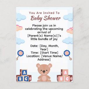 Carte Postale Invitation Baby shower de l'ours en peluche mignon