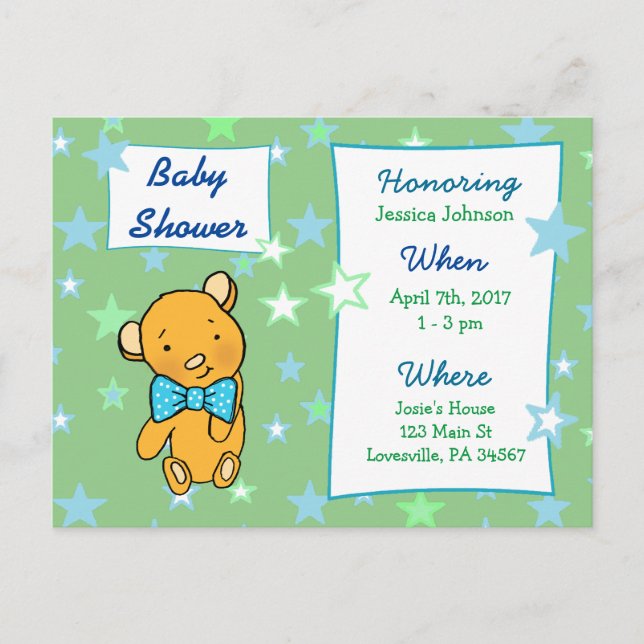Carte Postale Invitation Baby shower de l'ours en peluche mignon (Devant)