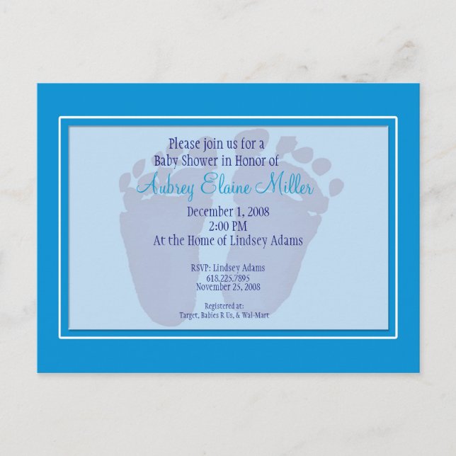 Carte Postale Invitation Baby shower d'empreinte bleue (Devant)