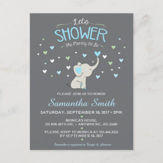 Carte Postale Invitation Baby shower éléphant, Baby shower garço