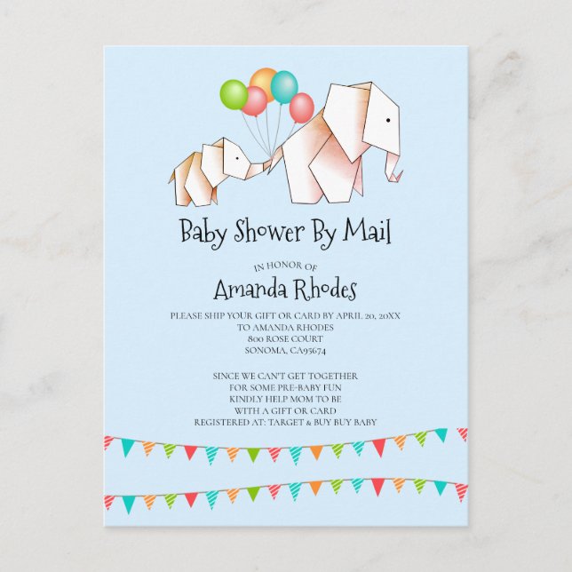 Carte Postale Invitation Baby shower Elephant Par Mail Blue (Devant)