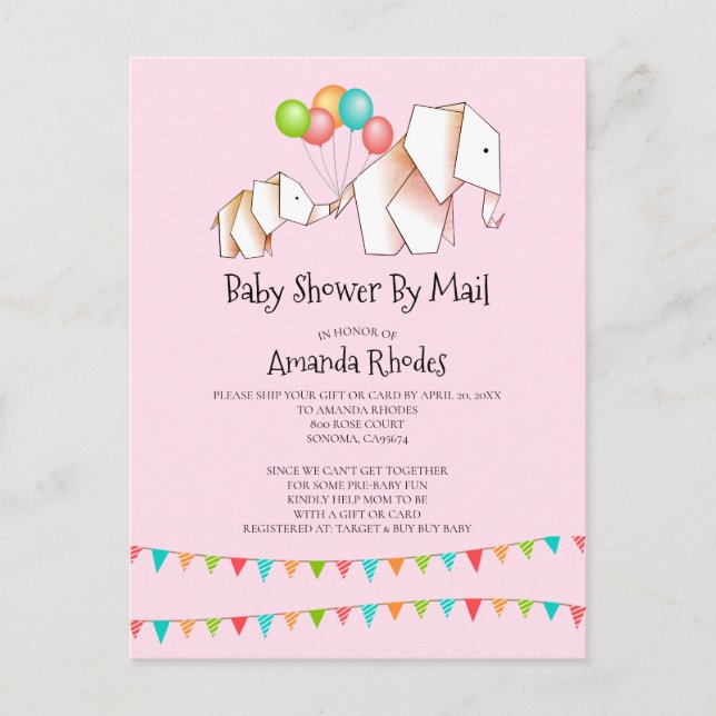 Carte Postale Invitation Baby shower Éléphant Par Mail Pink (Devant)