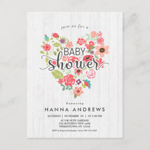 Carte Postale Invitation Baby shower fille en bois blanc et coeu
