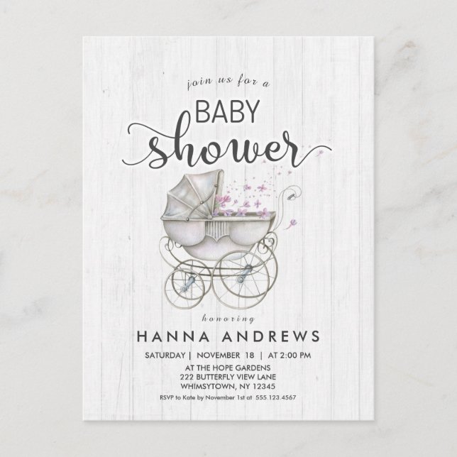 Carte Postale Invitation Baby shower fille en bois blanc et tran (Devant)