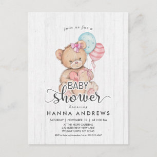 Carte Postale Invitation Baby shower fille ours en bois blanc