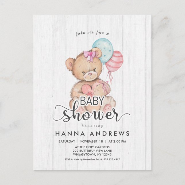 Carte Postale Invitation Baby shower fille ours en bois blanc (Devant)