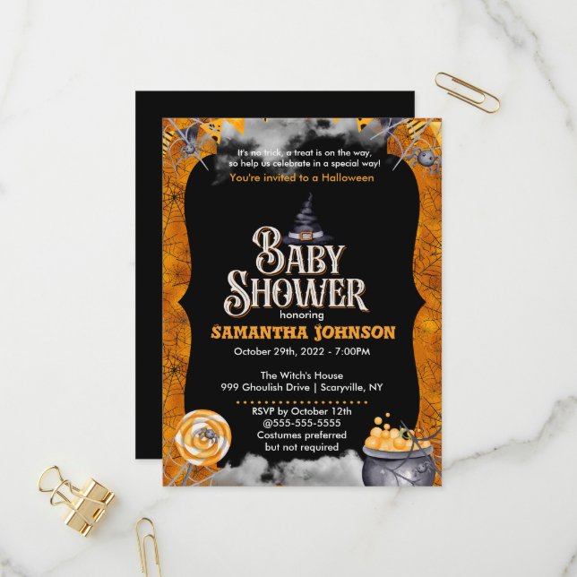 Carte Postale Invitation Baby shower Halloween (Devant/Arrière en situation)