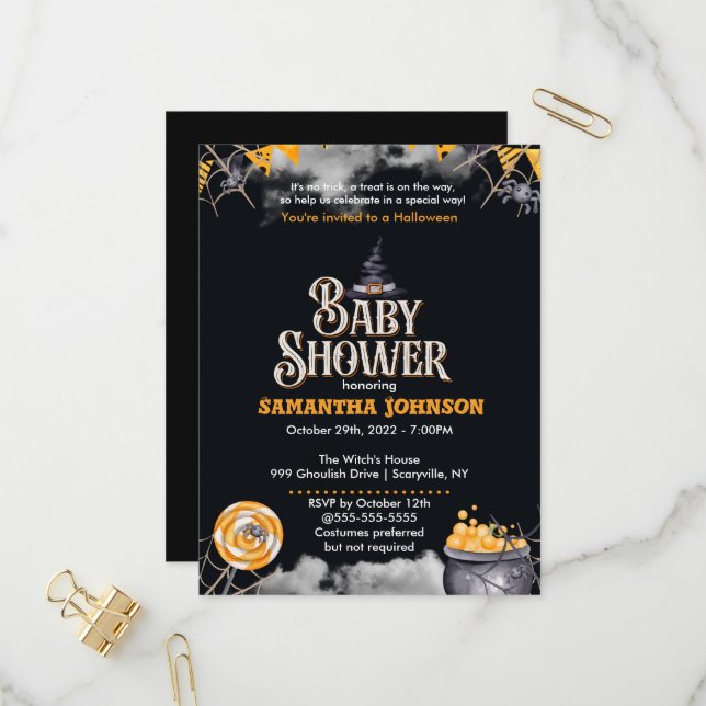 Carte Postale Invitation Baby shower Halloween (Devant/Arrière en situation)