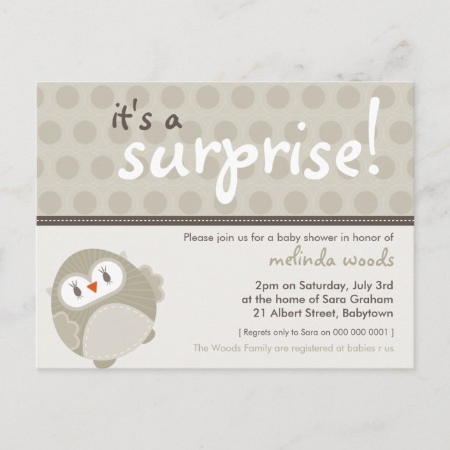 Carte Postale INVITATION baby shower :: hibou surprise 6 (Devant)