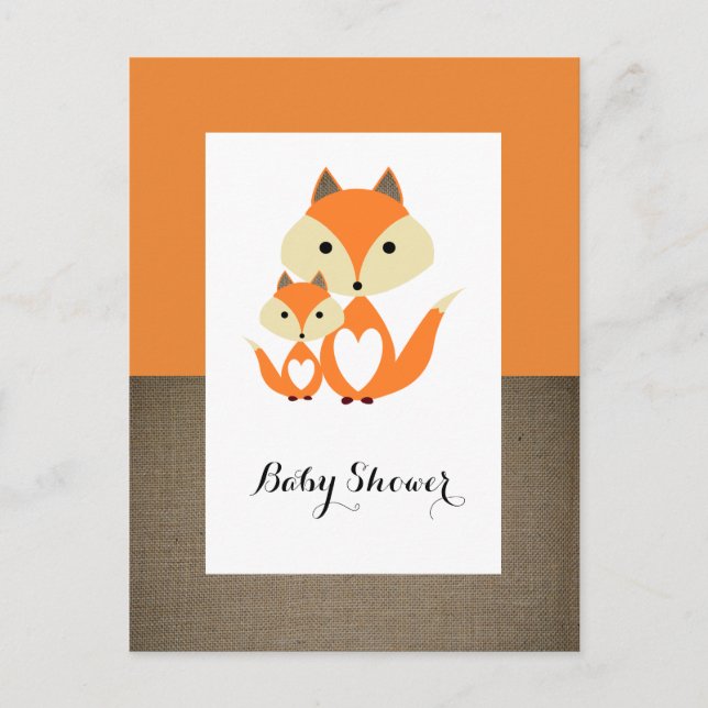 Carte Postale Invitation Baby shower Orange Fox Burlap (Devant)