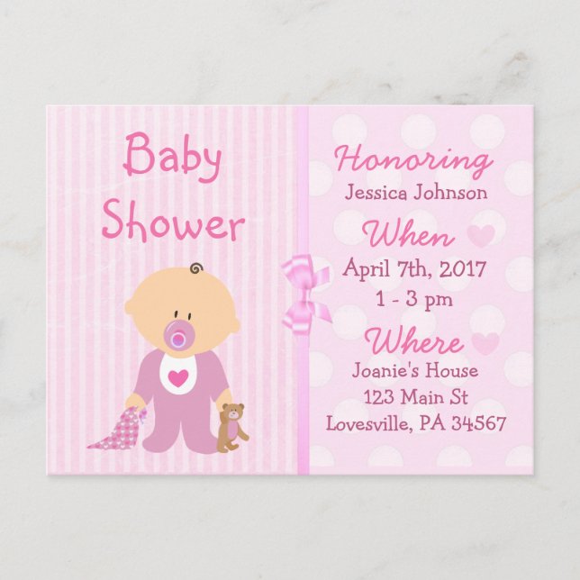 Carte Postale Invitation Baby shower poupée rose bébé fille (Devant)
