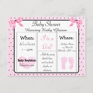 Carte postale Invitation Baby shower rose et noir