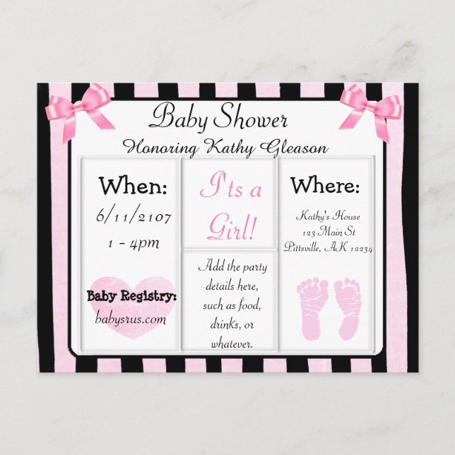 Carte postale Invitation Baby shower rose et noir (Devant)