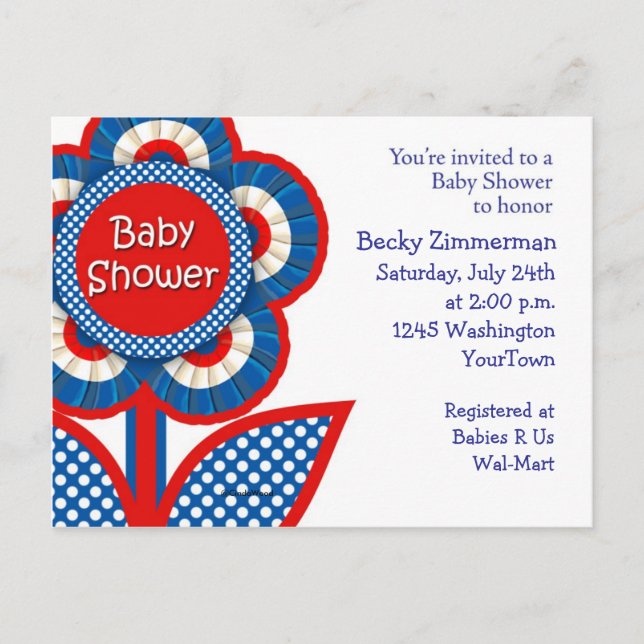 Carte Postale Invitation Baby shower rouge, blanc et bleu (Devant)