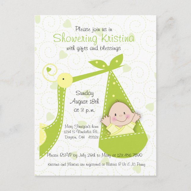 Carte Postale Invitation baby shower Sexe inconnu avec Stork (Devant)