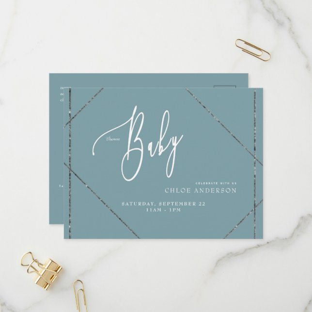Carte postale Invitation Baby shower Turquoise sim (Devant/Arrière en situation)