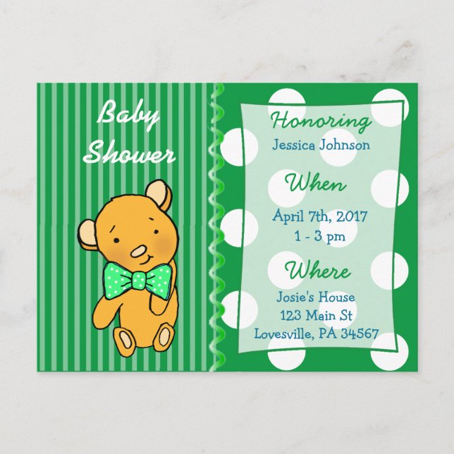 Carte Postale Invitation Baby shower vert à l'ours en peluche mi (Devant)