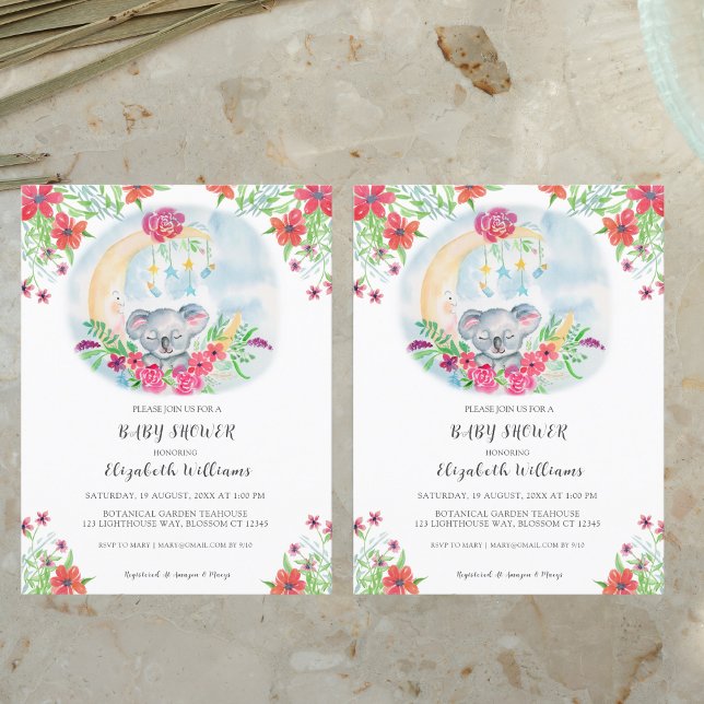 Carte Postale Invitation bébé koala aquarelle avec lune (Créateur téléchargé)