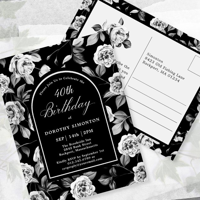 Carte postale Invitation Black White Floral 40e an (Créateur téléchargé)