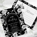Carte postale Invitation Black White Floral 60e an<br><div class="desc">Un motif floral rose noir et blanc très élégant crée un modèle d'invitation par carte postale de 60e anniversaire. Texte blanc et calligraphie sont encadrés par une arche noire bordée de blanc. Cet article fait partie de la Collection Florale de Rose Noire et Blanche. il contient des modèles pour créer...</div>