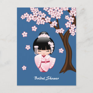 Carte Postale Invitation Bleue Kokeshi Kawaii Kimono Rose