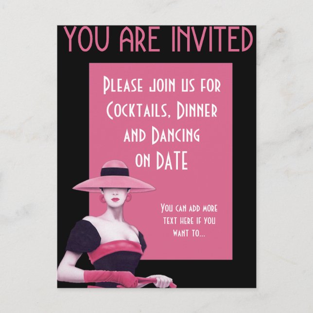 Carte Postale Invitation Chic Dame dans un Chapeau Rose/Gants (Devant)