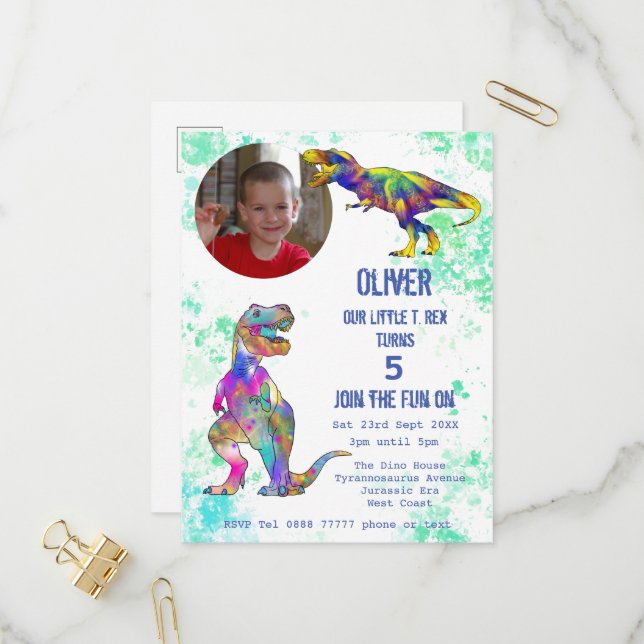 Carte Postale Invitation d'anniversaire 5 ans Dinosaure T Rex Ga (Devant/Arrière en situation)
