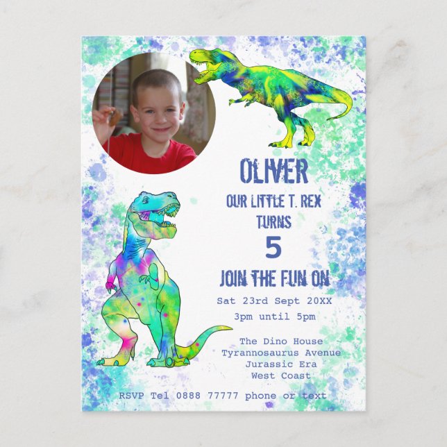Carte Postale Invitation d'anniversaire 5 ans Garçons T Rex Dino (Devant)