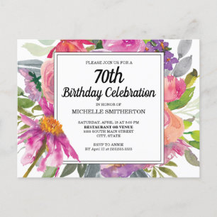 Carte Postale Invitation d'anniversaire 70 ans femme fleurs rose