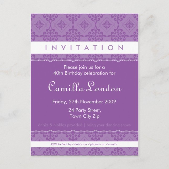 Carte Postale INVITATION D'ANNIVERSAIRE ADULTE :: L1 ornée (Devant)