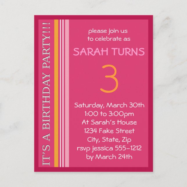 Carte Postale Invitation d'anniversaire avec des rayures (Devant)