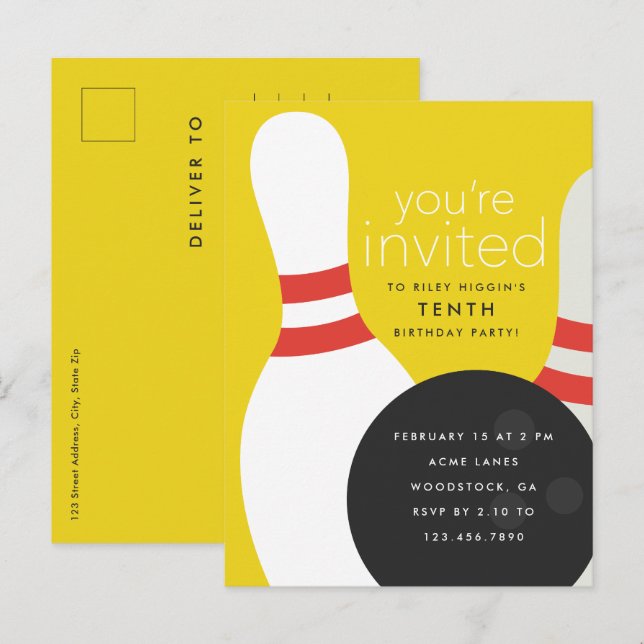 Carte Postale Invitation d'anniversaire Bowling (Devant / Derrière)
