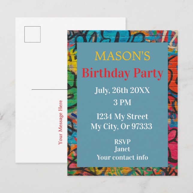 Carte Postale Invitation d'anniversaire d'art de rue graffiti co (Devant / Derrière)