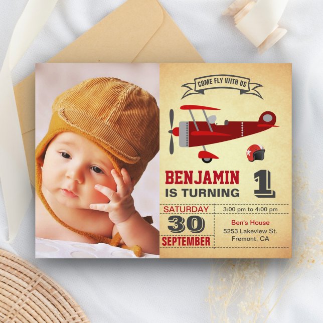 Carte Postale Invitation d'anniversaire d'avion rouge rétro vint (Créateur téléchargé)