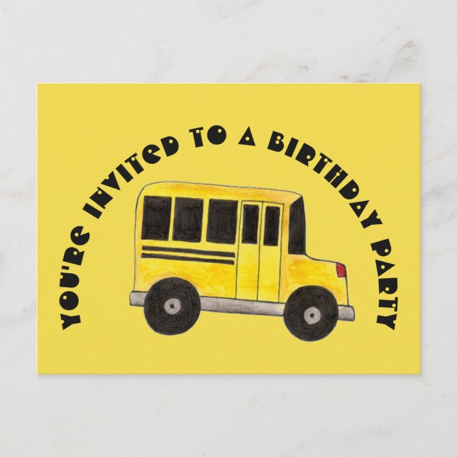 Carte Postale Invitation d'anniversaire de bus scolaire jaune (Devant)