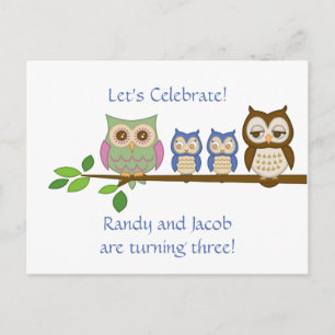 Carte Postale Invitation d'anniversaire de Owl Twin Boys