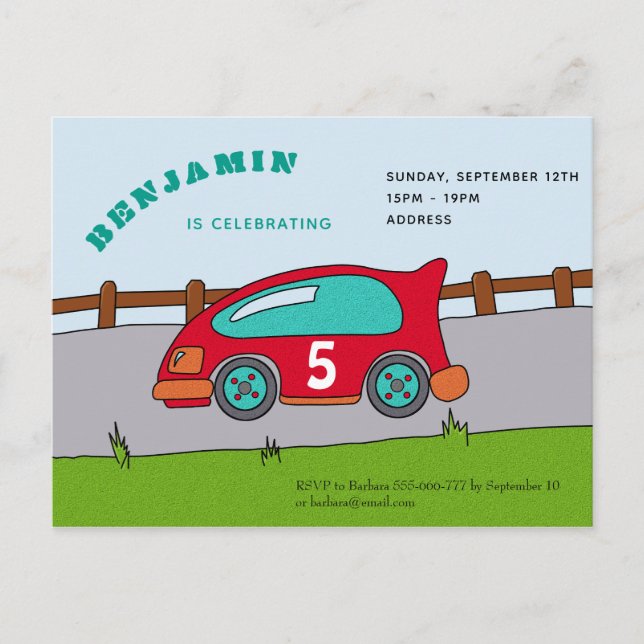 Carte Postale Invitation d'anniversaire de voiture de course (Devant)