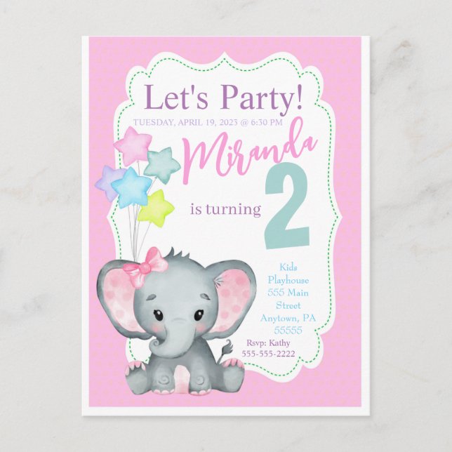 Carte Postale Invitation d'anniversaire éléphant rose pour fille (Devant)