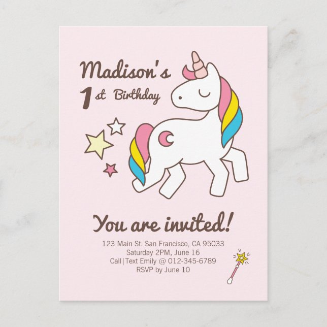 Carte Postale Invitation d'anniversaire licorne mignonne baguett (Devant)