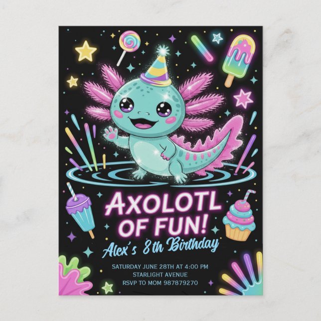 Carte Postale Invitation d'anniversaire pour un Axolotl mignon (Devant)
