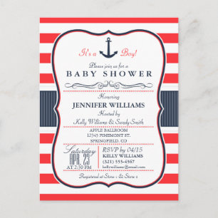 Carte Postale Invitation de Baby shower bleu et rouge de la Mari