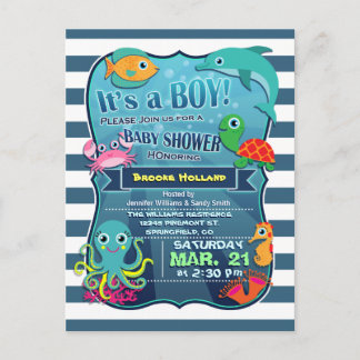 Carte Postale Invitation de Baby shower Garçon Sea Life coloré