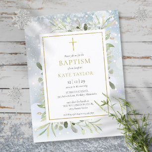 Carte Postale Invitation de baptême de verdure de neige d'hiver