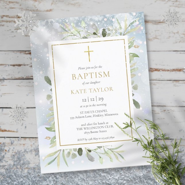 Carte Postale Invitation de baptême de verdure de neige d'hiver (Winter Snow Greenery Baptism Invitation)