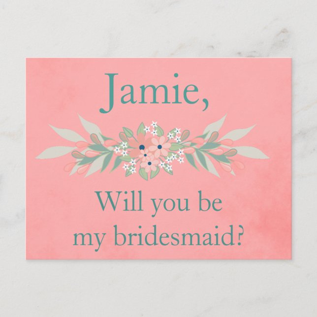 Carte Postale Invitation de Bridesmaid rose et vert floral (Devant)