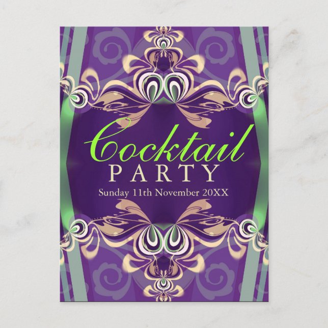 Carte Postale Invitation de fête cocktail Twist Batik Vert Viole (Devant)
