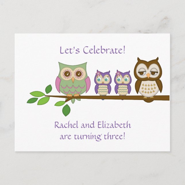 Carte Postale Invitation de fête d'anniversaire de Owl Twins (Devant)