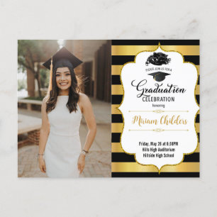Carte Postale Invitation de graduation en noir et or avec photo